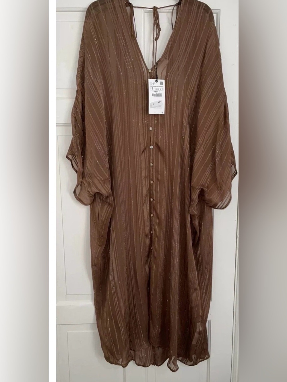 ZARA NEW XS Brown Shimmery Striped Button-Down Dress/Cover-Up Kaftan